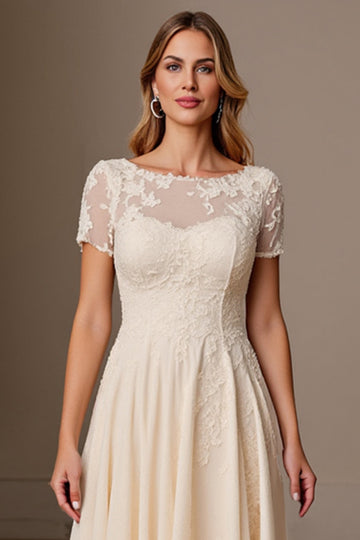 Apricot A Line Short Sleeves Long Mother of the Bride Dress with Appliques